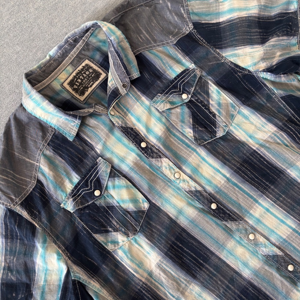 BKE Vintage Mens XXL Blue Plaid Western Pearl Snap Short Sleeve Shirt Relaxed